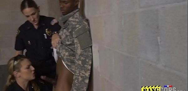  Fake black soldier is having hardcore sex with two big titty MILFs.